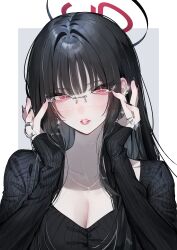1girl absurdres adjusting_eyewear alternate_costume bespectacled black_hair black_nails black_sweater blue_archive blush breasts cleavage ear_piercing glasses hair_between_eyes hands_on_eyewear highres jewelry kamiyama_sumu long_hair looking_at_viewer multiple_rings necklace parted_lips piercing red_eyes ring rio_(blue_archive) sidelocks solo sweater upper_body