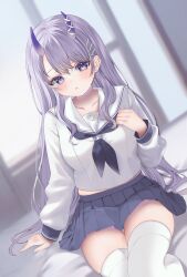 1girl arm_at_side blurry blurry_background breasts chitose_(chi_candy) commission cowboy_shot day dot_nose dutch_angle earrings grey_neckerchief grey_skirt grey_trim hand_up highres horns indie_virtual_youtuber indoors jewelry long_hair long_sleeves looking_at_viewer manmaru_(vtuber) medium_breasts midriff_peek neckerchief parted_lips pleated_skirt purple_eyes purple_hair purple_horns school_uniform second-party_source serafuku shirt shy skirt solo sunlight thighhighs white_serafuku white_shirt white_thighhighs window zettai_ryouiki