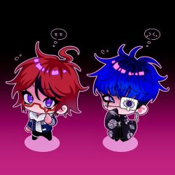 2boys black_background black_hair black_pants blue_eyes blue_hair bridge_piercing chibi chibi_only earrings eyepatch face_piercing full_body glasses gradient_background hair_between_eyes hood hoodie japanese_clothes jewelry long_sleeves male_focus messy_hair multicolored_hair multiple_boys omokage_yugamu one_eye_covered pants piercing pink_background red_eyes red_hair simple_background speech_bubble standing sumino_takumi the_hundred_line_-last_defense_academy- thought_bubble white_hoodie