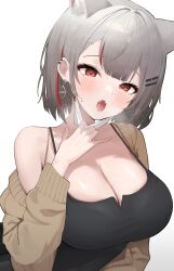1218_haruru 1girl absurdres animal_ears bare_shoulders black_shirt breasts brown_jacket camisole cat_ears cleavage earrings extra_ears grey_hair hair_ornament hairclip hand_up highres jacket jewelry large_breasts long_sleeves looking_at_viewer mask mask_pull mouth_mask multicolored_hair neneko_mashiro off_shoulder open_clothes open_jacket open_mouth pulling_own_clothes red_eyes saliva shirt short_hair simple_background sleeveless sleeveless_shirt solo spaghetti_strap stellive strap_gap streaked_hair upper_body virtual_youtuber white_background