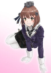 Rule 34 | 1girl, blush, brown eyes, brown hair, cosplay, gloves, gradient background, hair ornament, hairclip, headgear, highres, jacket, kantai collection, long hair, looking at viewer, military uniform, myoukou (kancolle), myoukou (kancolle) (cosplay), pantyhose, pencil skirt, pink background, purple jacket, short hair, skirt, smile, white pantyhose, yuki 4040, yukikaze (kancolle)