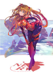 1girl absurdres artist_request ass blue_eyes boots breasts brown_hair curvy eva_02 full_body hand_on_ass helmet highres huge_ass large_breasts leotard leotard_peek long_hair looking_at_viewer mecha mecha_pilot_suit neon_genesis_evangelion plugsuit_(evangelion) red_leotard redesign robot shiny_clothes souryuu_asuka_langley twintails very_long_hair