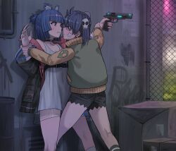 2girls against_wall alien_print alley animal_ears antenna_hair arms_up bandage_on_cheek bandage_on_face bandages bear_ears bear_girl belt black_belt black_choker black_coat black_shorts black_socks blue_hair blunt_bangs blunt_ends blunt_sidelocks borrowed_character box breasts brown_eyes buckle cardboard_box catfight chain-link_fence chest_belt choker cleavage closed_mouth coat collarbone collared_coat collared_jacket commentary confrontation curled_fingers dress earrings english_commentary eye_contact eyebrows_hidden_by_hair face-to-face feet_out_of_frame fence finger_on_trigger fingernails from_behind from_side frown furrowed_brow go!_go!_gris! grabbing_another&#039;s_arm graffiti green_jacket green_trim grimace gris_(go!_go!_gris!) gun hair_between_eyes hair_ornament half-closed_eyes half_updo handgun hands_up highres holding holding_another&#039;s_wrist holding_gun holding_weapon jacket jewelry ji-yoon_(jourd4n) jourd4n kneehighs knees leaning_back leaning_forward leaning_on_person leg_between_thighs legs_apart letterman_jacket light_blush long_sleeves looking_at_another medium_hair multicolored_jacket multiple_girls narrowed_eyes open_clothes open_coat open_hand original outdoors outstretched_arm parted_hair parted_lips patch pink_coat pink_eyes pinned pocket ponytail profile restrained see-through_clothes see-through_skirt see-through_sleeves short_dress short_hair short_ponytail short_shorts shorts shoulder_patch sidelocks sideways_mouth single_off_shoulder skirt skull_hair_ornament sleeveless sleeveless_dress small_breasts snap-fit_buckle socks standing sweatdrop teeth thighs torn_clothes torn_shorts twintails two-sided_coat two-sided_fabric two-tone_jacket underbust v-shaped_eyebrows weapon white_dress white_socks wide_sleeves yellow_jacket yellow_sleeves yellow_trim yuri