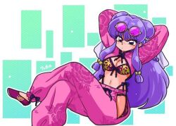 1girl bikini bikini_top_only pants pink_pants purple_hair ranma_1/2 red_eyes shampoo_(ranma_1/2) sidelocks sunglasses