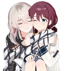 1101maryo 2girls arms_around_neck beer_can black_shirt blue_eyes blush can closed_eyes closed_mouth commentary drink_can earrings girls_band_cry grey_hair hashtag-only_commentary highres holding holding_can hug hug_from_behind iseri_nina jewelry kawaragi_momoka long_hair long_sleeves multicolored_hair multiple_girls one_eye_closed parted_lips red_hair roots_(hair) shirt short_twintails simple_background sitting sleeves_past_wrists smile twintails white_background white_shirt yuri