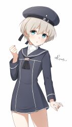 Rule 34 | 1girl, aticsanir, blonde hair, blue eyes, blush, clothes writing, cowboy shot, cross, dress, grey background, grey hair, hat, highres, iron cross, kantai collection, long sleeves, looking at viewer, open mouth, peaked cap, sailor collar, sailor dress, sailor hat, short dress, short hair, solo, twitter username, z1 leberecht maass (kancolle)