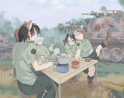 6+girls animal_ears artist_request binoculars black_hair boots box cat_ears caterpillar_tracks cup food forest jpeg_artifacts jungle military military_vehicle motor_vehicle multiple_girls nature plant shorts silver_hair source_request table tank tree vehicle war