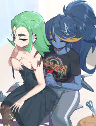 2girls animal_print bare_shoulders bat_print blue_hair blue_skin blush breasts colored_skin corset dress ear_piercing fishnets geistbox green_hair hand_on_own_chest highres huge_breasts jewelry multiple_girls nails original pandy_(geistbox) pants piercing ponytail ring scissors serious sitting small_breasts smile tattoo vio_(geistbox) yellow_eyes
