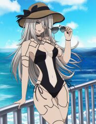 Rule 34 | a2 (nier:automata), absurdres, alternate costume, android, bikini, blue eyes, blue sky, hat, highres, joints, long hair, looking at viewer, nier:automata, nier (series), robot joints, shirl geem, sky, sun hat, swimsuit, unworn eyewear, water, white hair