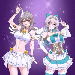 2girls absurdres belly bow brown_hairband covered_navel dress eidis_scarlet firefly_(honkai:_star_rail) frilled_dress frilled_skirt frills green_bow green_pupils grey_hair hair_between_eyes hair_bow hair_intakes hair_ornament hairband highres honkai:_star_rail honkai_(series) miniskirt multicolored_eyes multiple_girls navel panty_&amp;_stocking_with_garterbelt purple_background signature skirt sparkle stelle_(honkai:_star_rail) striped_clothes striped_dress trailblazer_(honkai:_star_rail) twitter_username v white_dress