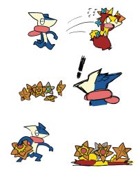 alternate_color chibi creatures_(company) delphox game_freak gen_1_pokemon gen_6_pokemon greninja image_sample nintendo no_humans open_mouth pixiv_sample plainwhite pokemon pokemon_(creature) running shiny_pokemon shuriken staryu tears tongue weapon