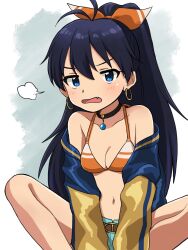 Rule 34 | 1girl, antenna hair, bare shoulders, belt, between legs, bikini, bikini top only, black choker, blue eyes, blue hair, blue jacket, blue shorts, breasts, brown belt, choker, cleavage, collarbone, earrings, fang, ganaha hibiki, hair between eyes, hair ribbon, hand between legs, highres, hoop earrings, idolmaster, idolmaster (classic), jacket, jewelry, long hair, long sleeves, naruse ill, navel, open clothes, open jacket, open mouth, orange bikini, orange ribbon, ponytail, puff of air, ribbon, shorts, solo, stomach, swimsuit, v-shaped eyebrows