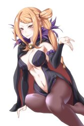 Rule 34 | 1girl, absurdres, black dress, blonde hair, blush, braid, breasts, capelet, center opening, cleavage, closed mouth, commentary, cosplay, dress, elsa granhilte, elsa granhilte (cosplay), evil smile, fur-trimmed capelet, fur trim, grin, hair bun, highres, jewelry, large breasts, looking at viewer, navel, pantyhose, priscilla barielle, re:zero kara hajimeru isekai seikatsu, red eyes, revealing clothes, ring, side ponytail, sidelocks, simple background, single braid, single hair bun, smile, solo, stomach, v-shaped eyebrows, ve666ve, white background
