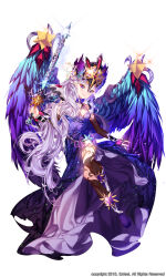 1girl blue_dress breasts cleavage commission dress feathered_wings highres holding jewelry kiwikong long_hair looking_at_viewer original pointy_ears purple_dress purple_eyes smile solo star_(sky) star_(symbol) sword thighhighs very_long_hair watermark weapon white_hair wings
