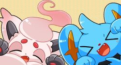&gt;_&lt; :d animal_focus animal_hands blue_fur cat closed_eyes creatures_(company) fang fox game_freak gen_4_pokemon highres hisuian_zorua looking_at_viewer nintendo no_humans nose_poke000 open_mouth pawpads pokemon pokemon_(creature) red_fur shinx simple_background smile upper_body white_fur yellow_background