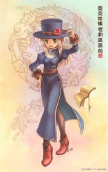 1girl adapted_costume adjusting_clothes adjusting_headwear bad_id blue_dress blue_hat book brown_thighhighs china_dress chinese_clothes commentary dated_commentary dress flower full_body green_eyes grey_hair hat hat_flower high_heels juliet_sleeves long_hair long_sleeves looking_at_viewer open_mouth priest_(ragnarok_online) puffy_sleeves ragnarok_online red_flower red_footwear signature smile solo thighhighs tiv top_hat translation_request