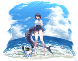 1girl absurdres bare_shoulders belt black_belt black_choker black_hair black_panties blue_skirt blue_sky blush breasts candy choker cloud colored_inner_hair ellen_joe fins fish_tail food full_body hair_ornament hairclip highres holding holding_phone large_breasts lollipop long_sleeves looking_at_viewer mole mole_under_eye multicolored_hair ocean outdoors panties pantyshot phone red_hair red_nails scar scar_on_tail school_uniform shark_girl shark_tail shirt short_hair skirt sky sleeves_rolled_up solo tail underwear white_shirt z_shitei_ero zenless_zone_zero