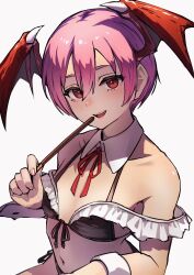 1girl absurdres ap_cammy bikini black_bikini darkstalkers demon_girl demon_wings food front-tie_bikini_top front-tie_top head_wings highres holding holding_food holding_pocky lilith_(darkstalkers) pocky purple_hair red_eyes short_hair side-tie_bikini_bottom simple_background solo swimsuit upper_body white_background wings