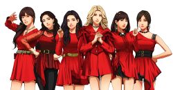 Rule 34 | 6+girls, absurdres, belt, black hair, black pants, black shorts, blonde hair, blunt bangs, brown hair, commentary, dress, earrings, eunha (gfriend), gfriend, hair behind ear, hand on own hip, highres, jewelry, k-pop, long hair, long sleeves, looking at viewer, multiple girls, necklace, pants, ponytail, real life, red dress, red shirt, renzengeki, shirt, short hair, shorts, side ponytail, simple background, sinb (gfriend), smile, sowon (gfriend), umji (gfriend), white background, yerin (gfriend), yuju (gfriend)