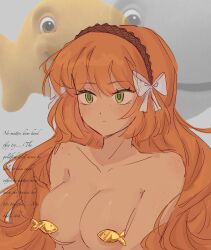 1girl bad_id bad_twitter_id body_freckles bow breasts brown_hairband cheromo159 closed_mouth freckles goldfish_(cracker) green_eyes hair_bow hairband highres ishmael_(project_moon) large_breasts limbus_company long_hair orange_hair pasties project_moon rope sidelocks solo very_long_hair white_bow