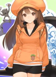 1girl akisa_yositake anchor anchor_symbol arc_system_works bike_shorts breasts brown_eyes brown_hair cabbie_hat collarbone dolphin fingerless_gloves gloves guilty_gear guilty_gear_strive hair_between_eyes hand_fan hat highres holding holding_weapon huge_weapon jacket long_hair may_(guilty_gear) medium_breasts orange_hat orange_jacket otter smile solo tidal_wave v-neck waves weapon