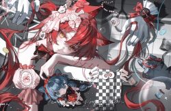1girl animal_ears bare_shoulders bow chess_piece dress hair_ornament hair_rings highres holding long_hair looking_at_viewer nail_polish original red_hair tiaotiao_yanjiusuo twintails yellow_eyes