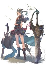 1girl absurdres animal_ears ayacho black_hair boots cat_ears cat_girl commission dagger facial_mark final_fantasy final_fantasy_xiv greatsword green_eyes gunblade highres holding holding_dagger holding_knife holding_weapon knife miqo&#039;te ponytail sidelocks sword warrior_of_light_(ff14) weapon whisker_markings white_background