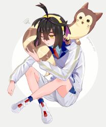 1boy :t absurdres ahoge black_hair blue_socks closed_mouth collared_shirt colored_inner_hair commentary_request crossed_bangs furret gen_2_pokemon hair_between_eyes hairband highres jacket kieran_(pokemon) long_sleeves male_focus multicolored_hair necktie nintendo one_eye_closed pokemon pokemon_(creature) pokemon_sv red_necktie shirt shoes shorts sitting socks squiggle tearing_up twitter_username white_footwear white_jacket white_shorts woppero_prpr yellow_eyes yellow_hairband