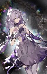 1girl asymmetrical_clothes asymmetrical_gloves bare_shoulders black_tiara breasts castorice_(honkai:_star_rail) closed_mouth cowboy_shot dress elbow_gloves flower gloves hair_flower hair_ornament highres honkai:_star_rail honkai_(series) large_breasts leggings linkai long_hair missing_commentary pink_flower pointy_ears purple_eyes purple_gloves purple_hair single_elbow_glove single_pantsleg single_thighhigh solo thighhighs tiara uneven_gloves very_long_hair white_dress white_leggings white_thighhighs