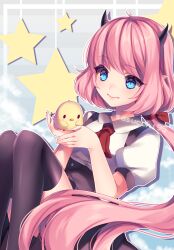 Rule 34 | 1girl, absurdres, ahoge, animal, artist name, ascot, bird, black horns, black skirt, black thighhighs, blue background, blue eyes, buttons, closed mouth, cloud, collared shirt, commentary, demon girl, demon horns, double-breasted, english commentary, feet out of frame, gradient background, grey background, hands up, highres, holding, holding animal, horns, inset border, knees up, long hair, looking at animal, low ponytail, original, outline, pink hair, pointy ears, ponytail, puffy short sleeves, puffy sleeves, red ascot, rina (sasucchi95), sasucchi95, shirt, short sleeves, simple background, sitting, skirt, slit pupils, small horns, smile, solo, star (symbol), striped background, suspender skirt, suspenders, thighhighs, very long hair, white outline, white shirt, zettai ryouiki