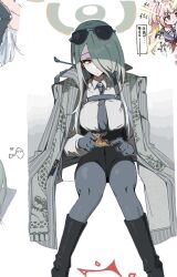 black_necktie blue_archive chest_harness coat coat_on_shoulders dragon_print eyewear_on_head green_halo grey_coat halo harness high-waist_pants highres mina_(blue_archive) natsu_(blue_archive) necktie pants pinstripe_pattern striped_coat sunglasses translation_request uni_gyoza vertical-striped_coat