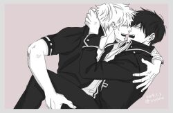 Rule 34 | 2boys, anger vein, arm around shoulder, border, clothes grab, collared jacket, commentary request, cropped legs, dated, ghqjyu, gintama, greyscale, high collar, hijikata toushirou, jacket, leg up, male focus, monochrome, multiple boys, open clothes, open collar, open jacket, open mouth, pants, parted bangs, sakata gintoki, shinsengumi, shirt, short hair, teeth, upper teeth only, wing collar, yaoi