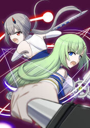 Rule 34 | 2girls, absurdres, assault lily, bare shoulders, black hair, blue eyes, blue jacket, blue sailor collar, blunt bangs, blurry, blurry foreground, breasts, commentary request, detached sleeves, dual wielding, elbow gloves, energy, fang, fighting stance, floating hair, fujita asagao, gloves, green hair, grey hair, hair ornament, hairclip, hands up, highres, holding, holding sword, holding weapon, horns, jacket, kawabata hotaru, looking at viewer, looking to the side, low twintails, magic circle, mechanical horns, medium breasts, multicolored horns, multiple girls, odaiba girls high school uniform, off shoulder, open mouth, outstretched arm, purple background, red eyes, red horns, sailor collar, school uniform, serafuku, shirt, sideways glance, simple background, sleeveless, sleeveless shirt, sword, twintails, two-tone horns, two-tone shirt, v-shaped eyebrows, weapon, white gloves, white shirt, yadoo