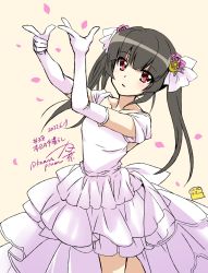 1girl dress gloves highres kanna_(plum) long_hair pink_dress red_eyes senki_zesshou_symphogear tsukuyomi_shirabe twintails wedding_dress