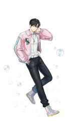 1boy absurdres belt black_hair black_pants blue_eyes cheolsu_(closers) closed_mouth closers collared_shirt dress_shirt full_body hand_in_pocket highres jacket jewelry long_sleeves looking_to_the_side male_focus necklace official_art open_clothes open_jacket pants pink_jacket pink_shoes shirt shoes short_hair solo white_shirt