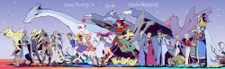 5girls 6+boys alexander_highwind_tycoon anniversary armor boco bartz_klauser chocobo cid_(ff5) crown dorgann_klauser dragon dress earrings enkidu_(ff5) everyone exdeath faris_scherwiz final_fantasy final_fantasy_v galuf_halm_baldesion ghido gilgamesh_(final_fantasy) green_eyes helmet highres jewelry kelger_vlondett krile_mayer_baldesion_(ff5) lenna_charlotte_tycoon magnetic mid_previa moogle multiple_boys multiple_girls night night_sky purple_hair siblings sisters sky smile sword turtle weapon xezat_matias_surgate