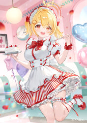 1girl ahoge ancotaku balloon birthday birthday_cake blonde_hair blush bow bowtie breasts cake cake_slice clock copyright_name cowboy_shot dress food fork frilled_thigh_strap frilled_wrist_cuffs frills fruit halo highres hinata_mashu holding holding_cake holding_food holding_fork holding_plate large_breasts leg_up looking_at_viewer nanashi_inc. open_mouth orange_eyes petals plate puffy_short_sleeves puffy_sleeves red_ribbon red_shoes ribbon shoes shop short_hair short_sleeves short_twintails skirt smile solo standing standing_on_one_leg strawberry strawberry_cake taut_clothes teeth thigh_strap tray twintails upper_teeth_only virtual_youtuber waitress wrist_cuffs