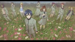 4girls 5boys ascot ayase_yuka backpack bag beanie belt black_hair blonde_hair blue_ascot blue_hair blue_jacket blue_necktie blue_sky brown_hair clenched_hand crossed_arms dappled_sunlight dress_shirt facing_viewer flower forest glasses grass grey_jacket grey_pants grey_skirt hand_in_pocket hand_on_own_chest hand_on_own_face hat headband highres inaba_masao jacket kido_reiji kirishima_eriko looking_at_viewer mayuzumi_yukino multiple_boys multiple_girls nanjou_kei nature neckerchief necktie on_grass open_clothes open_jacket outdoors own_hands_together pants persona persona_1 pink_flower popped_collar red_hair school_uniform shadow_(persona) shirt side_ponytail skirt sky sleeves_rolled_up socks sonomura_maki sunlight topless_male tori_(bromaticbrotrap) toudou_naoya uesugi_hidehiko white_shirt white_socks wind yellow_eyes yellow_hat