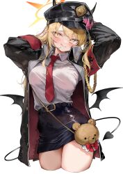 1girl :q absurdres aged_up alternate_breast_size armband arms_behind_head arms_up belt black_belt black_hat black_jacket black_skirt blonde_hair blue_archive blush breasts coat collared_shirt commentary demon_horns demon_wings dot_nose halo hat hat_ornament highres horns ibuki_(blue_archive) jacket long_sleeves looking_at_viewer medium_breasts military_hat miniskirt naughty_face necktie open_clothes open_jacket pepq red_necktie shirt simple_background skirt symbol-only_commentary tongue tongue_out transparent_background white_shirt wings yellow_eyes yellow_halo