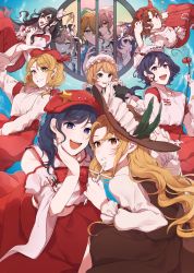 6+girls :o absurdres apron bare_shoulders beret black_ribbon black_skirt blonde_hair blonde_shrine_maiden_from_a_future_era_(touhou) blue_background blue_eyes blue_hair bow bowtie breasts brown_headwear brown_skirt brown_vest newsboy_cap character_request closed_mouth collared_shirt commentary_request cross detached_sleeves dolls_in_pseudo_paradise earrings erhu eyelashes flat_cap frilled_apron frilled_hat frilled_skirt frills gohei green_bow hair_bow hair_ribbon hand_in_own_hair hand_on_headwear hand_on_own_face happy hat hat_ornament highres holding holding_cross holding_hands hourai_girl_(touhou) interlocked_fingers jacket_girl_(dipp) japanese_clothes jewelry kimono label_girl_(dipp) laspberry. light_brown_hair long_hair long_skirt long_sleeves maid mandarin_collar medium_breasts midriff miko mini_hat mob_cap multiple_girls open_mouth orange_eyes parted_bangs portrait_of_exotic_girls purple_eyes red_bow red_bowtie red_eyes red_footwear red_headwear red_skirt ribbon ribbon-trimmed_sleeves ribbon_trim round_window satsuki_rin shirt short_hair side_ponytail skirt skirt_tug smile star_(symbol) star_hat_ornament teeth touhou upper_teeth_only very_long_hair vest wavy_hair white_apron white_bow white_headwear white_kimono white_ribbon white_shirt white_vest wide_sleeves window yellow_eyes yin_yang yin_yang_earrings