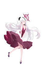 absurdres alternate_costume black_hairband blue_archive dress dress_tug fishnet_pantyhose fishnets frilled_dress frills full_body hairband halo high_heels highres long_hair looking_at_viewer momorin_(choco030309) mutsuki_(blue_archive) mutsuki_(dress)_(blue_archive) one_eye_closed pantyhose pointy_ears red_dress red_halo simple_background teeth white_background white_hair