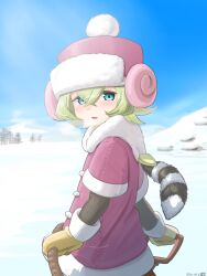 1boy artist_name black_sleeves blue_sky breath buttons coat commentary_request cowboy_shot dated fur-trimmed_coat fur_trim gloves green_eyes green_hair hair_between_eyes hat highres holding holding_rope looking_at_viewer looking_to_the_side motimoti_mgmg oleg_(puyopuyo) parted_lips pom_pom_(clothes) puyopuyo puyopuyo_quest red_coat red_hat rope short_hair signature sky smile snow solo standing striped_tail tail tree turning_head ushanka winter winter_clothes yellow_gloves