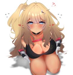 1girl ? ?? absurdres alternate_eye_color alternate_hair_color black_choker black_sports_bra blonde_hair blue_eyes blurry blush breasts chest_strap choker cleavage closed_mouth crescent crescent_hair_ornament eepy_sleepy eepy_sleepy_(sleepy_2.0) elf flying_sweatdrops geode_consumer hair_ornament highres kneeling long_hair phase_connect pointy_ears solo sports_bra star_(symbol) star_choker sweat tan virtual_youtuber