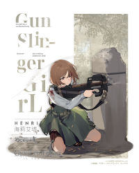 1girl ammunition blood blood_on_clothes blood_on_face bullet bullpup copyright_name crossover dress duoyuanjun fn_5.7x28mm girls&#039;_frontline green_dress bad_tag bad_tag gun gunslinger_girl handgun_cartridge henrietta_(gunslinger_girl) high-capacity_magazine highres holstered horizontal_magazine knife military_cartridge official_art p90 pdw_cartridge personal_defense_weapon pinafore_dress pistol_cartridge see-through_clothes shirt skirt sleeveless sleeveless_dress solo submachine_gun torn_clothes torn_skirt translucent weapon white_shirt