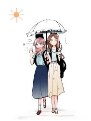 2girls absurdres bang_dream! bang_dream!_it&#039;s_mygo!!!!! blue_shirt blue_skirt brown_hair brown_skirt chihaya_anon commentary guitar_case highres instrument_case instrument_on_back locked_arms long_hair multiple_girls nagasaki_soyo open_mouth pachio_(patioglass) shared_umbrella shirt short_hair sidelocks skirt socks sweat symbol-only_commentary translated umbrella white_socks white_umbrella