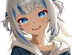1girl absurdres blue_eyes blue_hair blush collarbone crying crying_with_eyes_open gawr_gura grey_hair highres hololive hood hoodie looking_at_viewer multicolored_hair open_mouth shark_girl sharp_teeth short_twintails streaked_hair tears teeth tongue twintails upper_teeth_only white_background wuhe2233pz