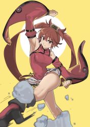 1girl absurdres armpits china_dress chinese_clothes detached_sleeves dress fighting_stance guilty_gear guilty_gear_xrd hair_rings highres kicking kuradoberi_jam looking_at_viewer red_dress rock sleepy_frippy solo yellow_background