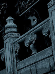 1other androgynous architecture dark hanpen_kounaien highres horror_(theme) long_hair monochrome one_eye_in_shadow original parted_bangs shadow smile solo wide-eyed