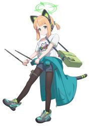 1girl absurdres alternate_costume animal_ear_headphones animal_ears bag band_shirt black_shorts blonde_hair blue_archive bow brown_pantyhose cat_ear_headphones cat_tail closed_mouth clothes_around_waist commentary_request dot_nose drumsticks dsfr fake_animal_ears fake_tail full_body green_bag green_bow green_eyes green_halo green_jacket green_shoes hair_bow halo headphones highres holding holding_drumsticks jacket jacket_around_waist large_variant_set looking_at_viewer merchandise midori_(blue_archive) official_style pantyhose ponytail shirt shoes short_ponytail shorts shoulder_bag simple_background single_bare_shoulder solo tail variant_set white_background white_shirt