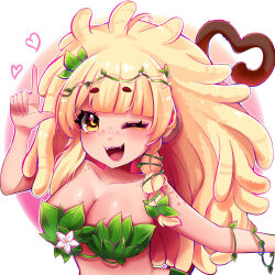 Rule 34 | 1girl, animal ears, bananajuju, bikini, blonde hair, brown eyes, brown tail, heart, highres, indie virtual youtuber, leaf bikini, long hair, looking at viewer, mirthax, monkey ears, monkey girl, monkey tail, one eye closed, open mouth, plant clothing, solo, swimsuit, tail, upper body, virtual youtuber